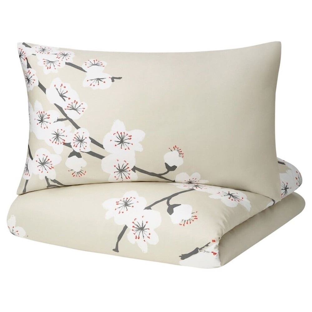 IKEA FOSSTA King Duvet Cover & Pillowcases, Beige/Plum Blossom NEW